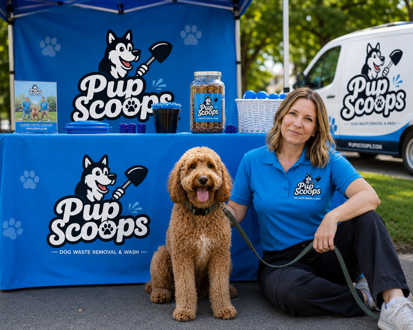 The Pup Scoops team and branded van in Beaumont, CA
